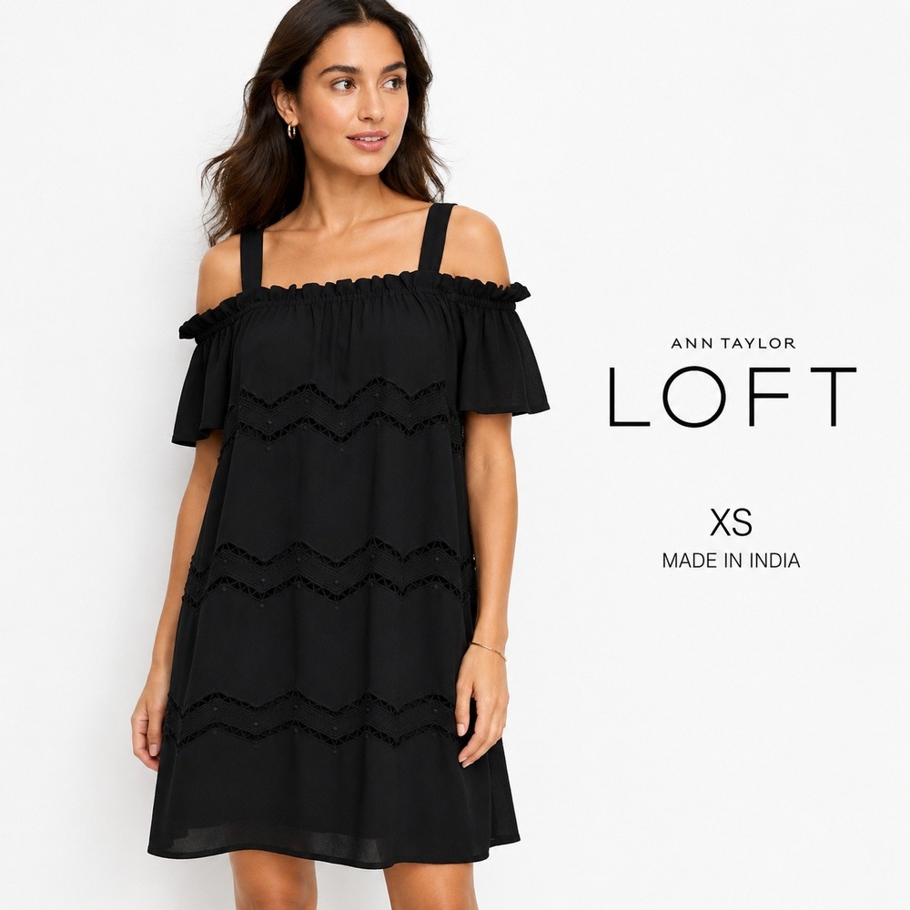 LOFT‎ Dress Womens XS Black Shift Boho Cold Shoulder Lace LBD Dark Coquette Chic